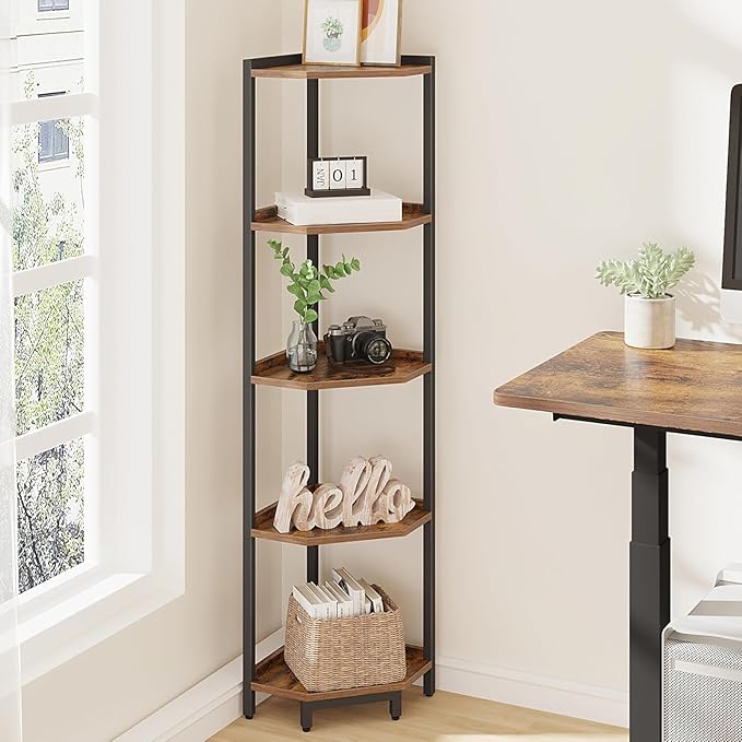 Corner Shelf Stand, Corner Bookshelf, Storage Standing Shelf Unit with Metal Frame, Plant Stand, Bookcase for Living Room, Home Office, Bedroom, 5-Tier Rustic Brown CS05901B