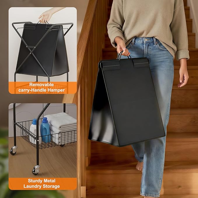 Laundry Basket with Wheels:88L Rolling Laundry Cart Foldable Metal Frame Dirty Clothes Laundry Hamper 36"H 4 Caster 2 Brake Waterproof Removable Liner Carry Handle for Dorm Laundry Room,Black