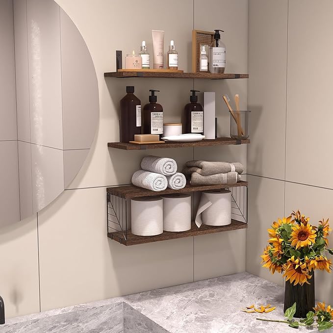 Fixwal 3+1 Tier Bathroom Floating Shelves Over Toilet, 15.8in Farmhouse Rustic Wood Shelves, Wall Decor for Bathroom, Living Room,Bedroom and Kitchen (Dark Brown)