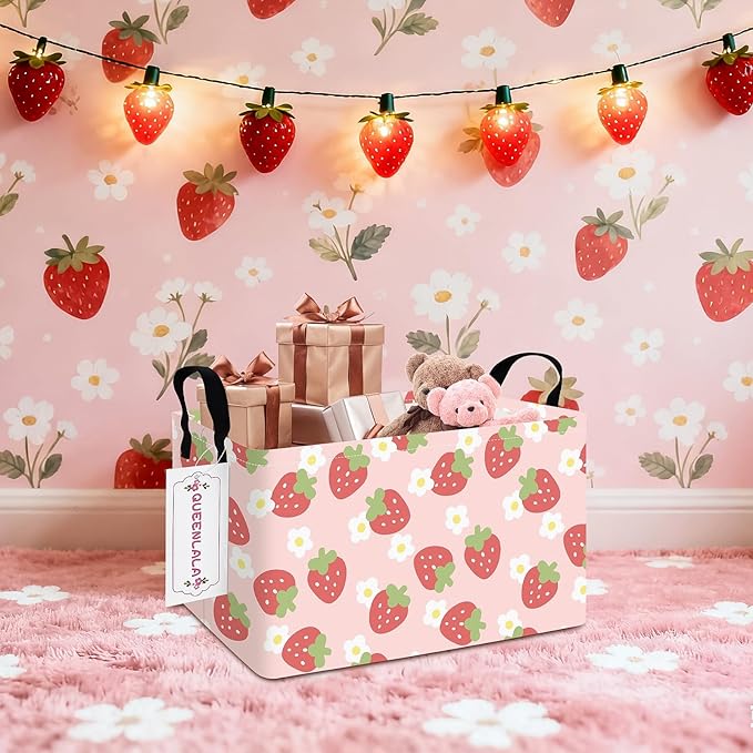 QUEENLALA Rectangular Laundry Hamper/Foldable Nursery Laundry Basket for Organizing/Storage Bin Baskets/Children Toy Office Bedroom/Toy Bin Closet Shelf Baskets（Rec-Pink Strawberry）
