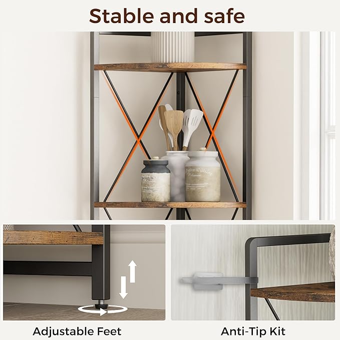 5 Tier Corner Shelf Stand, 64" H Tall Industrial Corner Bookshelf for Living Room Decor, Metal Corner Shelf, Plant Stand Display Shelf for Bedroom, Bathroom, Small Space, Rustic Brown