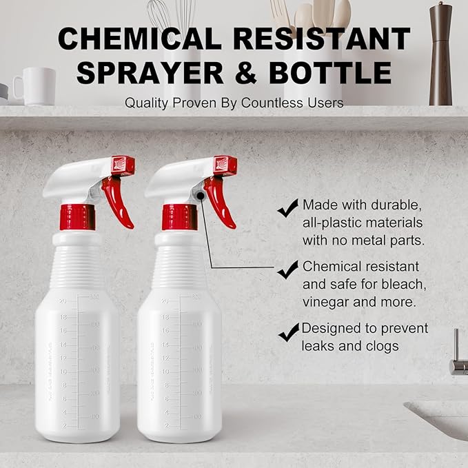 Plastic Spray Bottles 4 Pack, 24 Oz, Mist & Stream, Heavy Duty HDPE Sprayer Bottle, Leak Proof Empty Spraying Water Bottle for Cleaning Solutions, Planting, Car Detail, Pet Training with Measurement