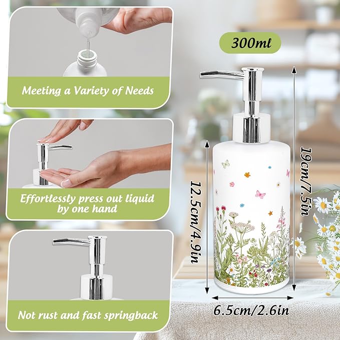 Wildflower Soap Dispenser Vintage Wild Floral Glass Soap Dispenser with Pump Refillable Liquid Soap Container for Bathroom Kitchen Countertop Decor