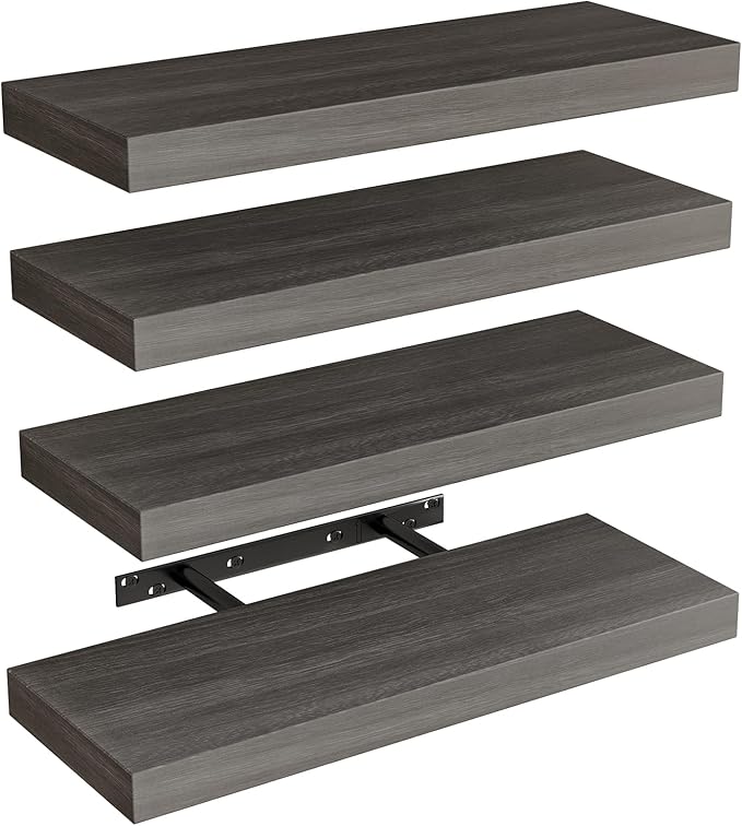 Fixwal 15.8in Floating Shelves, Rustic Wood Finish Wall Shelves Set of 4, Shelves for Wall Decor, with Invisible Brackets for Bathroom, Living Room,Bedroom and Kitchen(Gray)