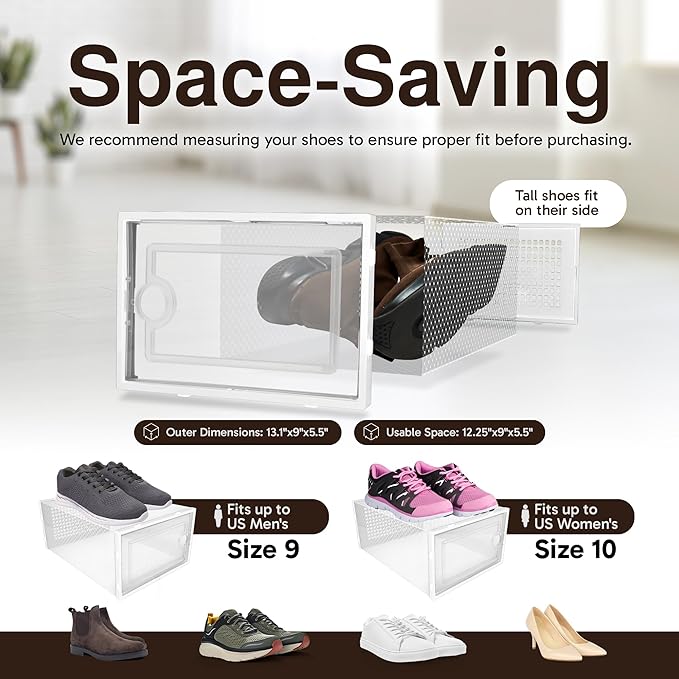 Reli. Shoe Boxes (14 Pack) | Clear Shoe Storage Boxes Stackable and Compact | Lightweight Plastic Storage Box with Ventilation Holes, Swing Door | Interlocking Containers, Stackable Rack | White