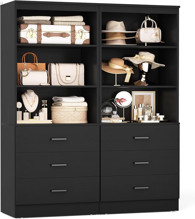 Aheaplus 47.2" Closet Drawers System, 3.94FT Wood Closet Organizer System with 6 Drawers, Modular Small Walk-in Closets Storage Unit, Set of 2, Black (47.2" L x 13.8" W x 71" H)