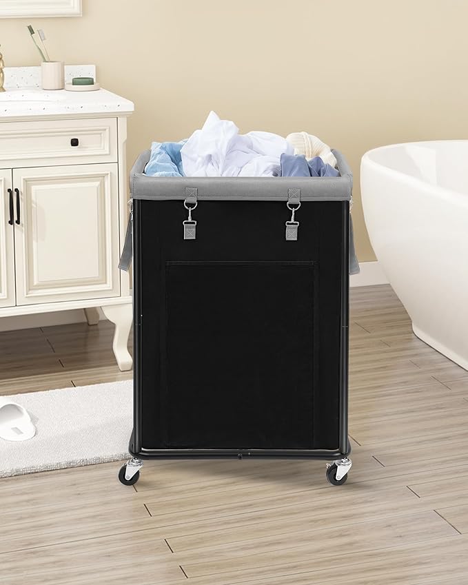 STORAGE MANIAC Large Laundry Basket with Wheels 160L Rolling Laundry Hamper Laundry Cart with Metal Frame and Removable Bag, Clothes Hamper for Bedroom, Bathroom, Dorm Room, Laundry Room, Black