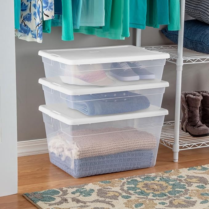 Sterilite 20 Pack Storage Box, 28 Quart Stackable Tote, Clear Plastic Container with Secure Snapping Lids for Home and Office Organization, White