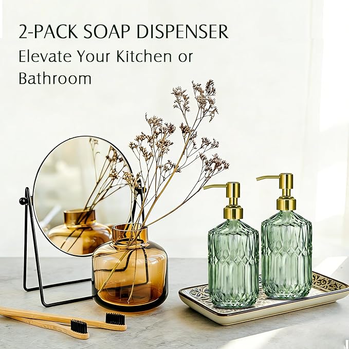 17 Oz Green Glass Kitchen Soap Dispenser for Dish Soap, 2 Pack Bathroom Soap Dispenser Set with Gold Rust Proof Pump for Lotion, Hand soap or Body Wash