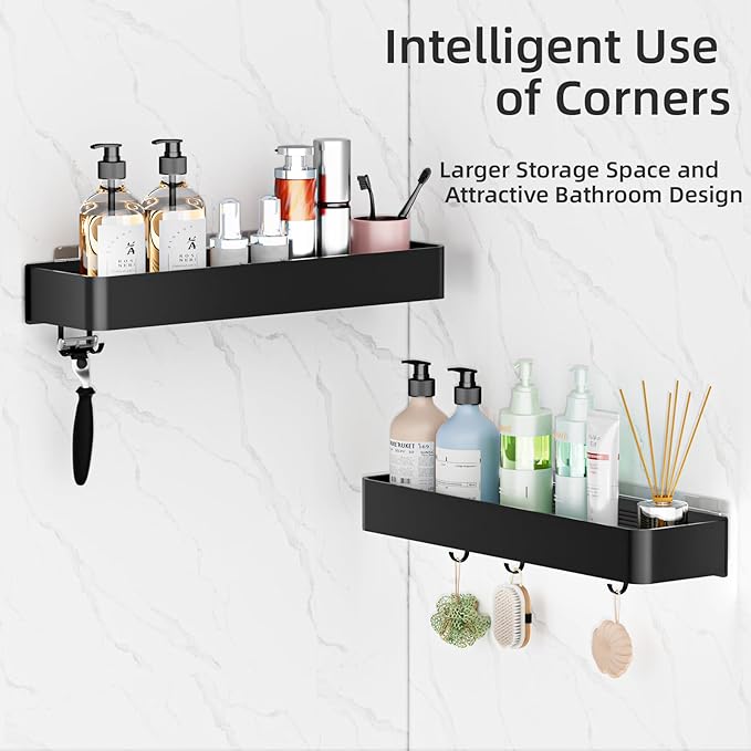 Adhesive Shower Caddy,Rustproof Shower Shelve with Large Capacity,Quick-Dry Metal Bathroom Shelves with 5 Hooks, 2 Pack Drill-Free Durable Shower Organizers and Storage, Black