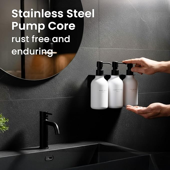 MaisoNovo Shampoo and Conditioner Dispenser - Shower Soap Dispenser Wall Mounted - 16.9 fl oz Set of 3 White Plastic Bottles Black Plastic Pump - 3 Chamber No Drill