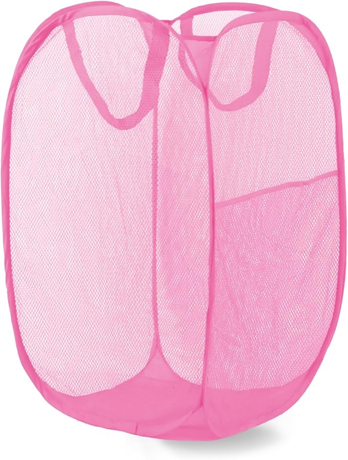LXLOVESM Pop Up Laundry Hamper, Mesh Laundry Basket Collapsible, Foldable Hamper for Travel and Storage (Pink)
