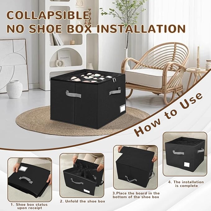 2 Pack Shoe Organizer for Closet, Large Shoe Box Storage Containers,Shoe Storage Box Fits 12-16 Pairs,Fabric Shoe Storage Bins with Clear Cover,Black
