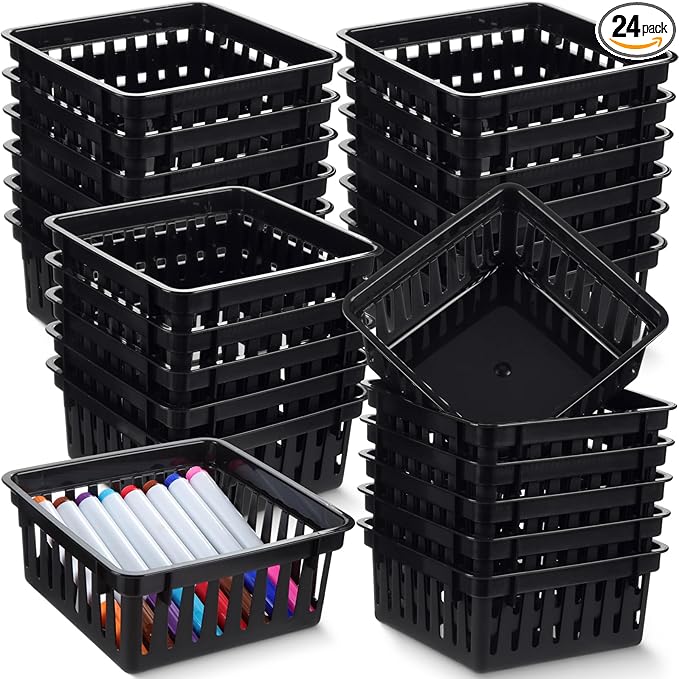 Tatuo 24 Pcs Classroom Small Plastic Baskets Bulk Storage Baskets for Organizing Crayon Pencil Containers Organizer Bins for Back to School Gift Office Desk Drawer Home, 5.31 x 5.31 x 2.44 Inch(Black)