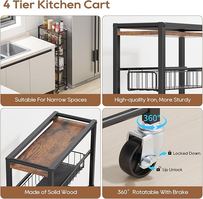 Slim Rolling Cart Kitchen Utility Cart, Narrow Kitchen Cabinet with 4 Pull-Out Baskets - Versatile Rolling Storage Cart for Spices, Pantry & Bathroom Organization (Dark Black)