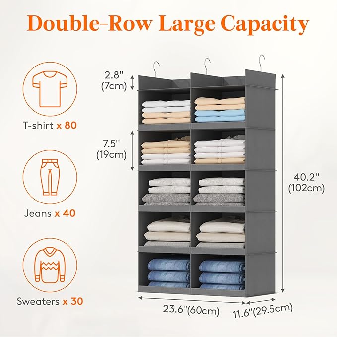 Lifewit Dual-Row Shelf Hanging Closet Organizer and Storage, Clothes Shelves with 3 Sturdy Hooks for Clothing Organization, Foldable Container Hold Up to 30 Sweaters, 5 Tier 10 Sections, Gray