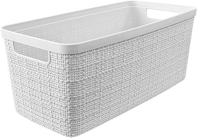 Curver Set of 8 Slim 6.8L Jute Decorative Plastic Organization and Storage Baskets - Perfect Bins for Home Office, Closet Shelves, Kitchen Pantry and All Bedroom Essentials, White