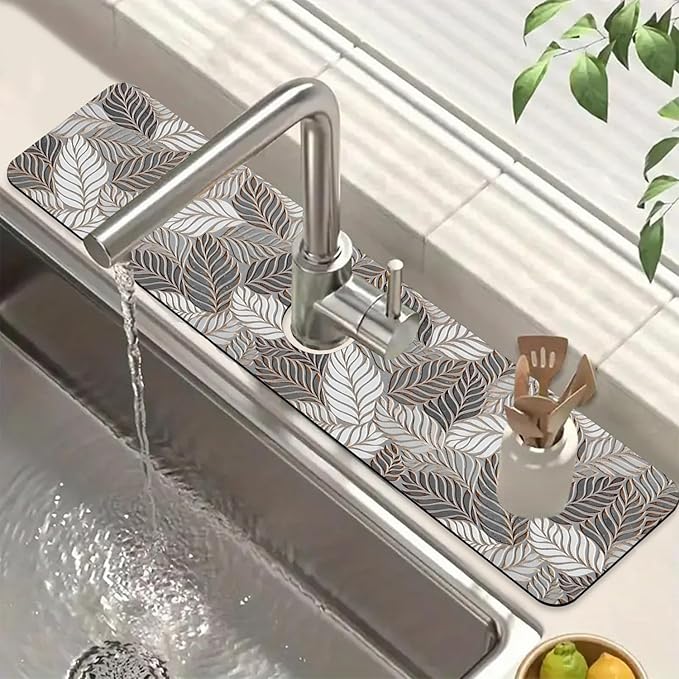 Embossed Leaf Texture Sink Faucet Absorbing Mat Grey Leaf Super Absorbent Fast Drying Mat Sink Gadgets Behind Faucet Sinkmat for Kitchen Bathroom, 23.5"x5.5"