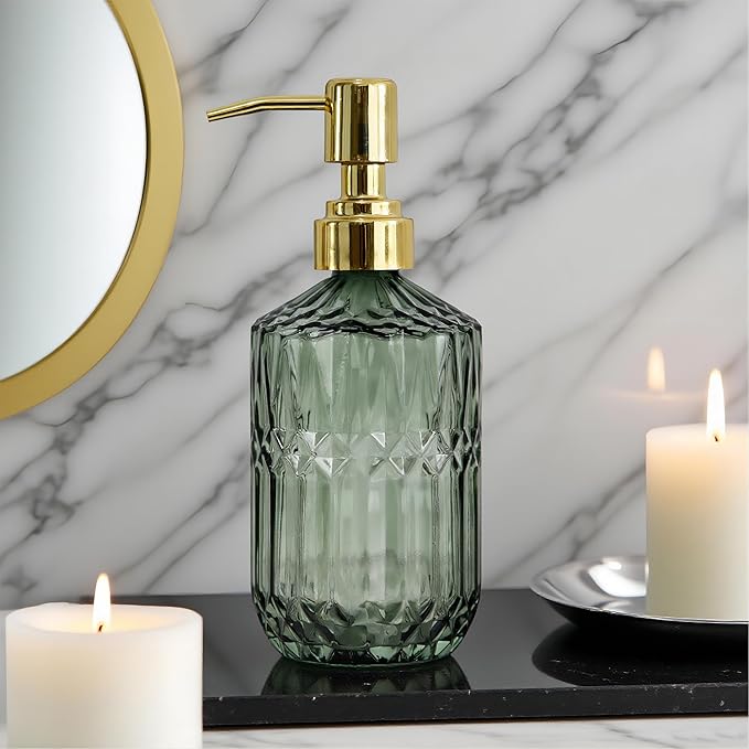18oz Green Glass Soap Dispenser, Refillable Kitchen, Bathroom Thick Glass Soap Dispenser with Golden Rustproof Pump for Dishwashing Liquid, Hand Soap, Lotion, Body Wash (Green-Golden Pump)
