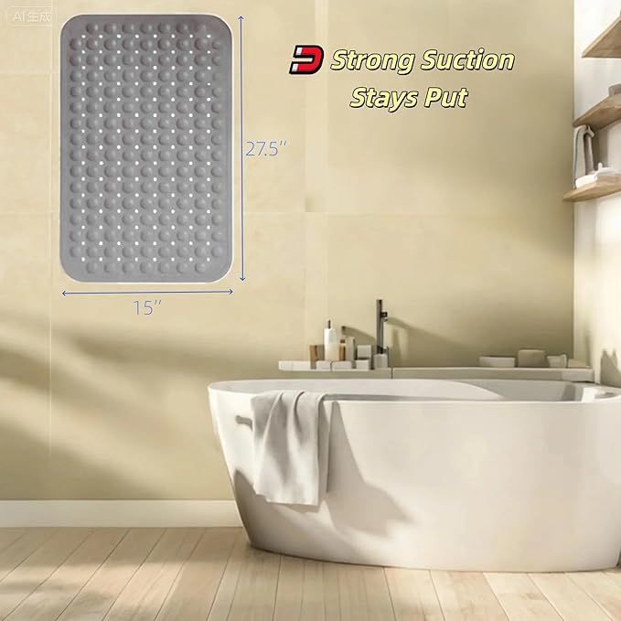 Bath and Shower Safety Mats 27.5x15 inch, Non Slip with Strong Suction Cups for Bathroom Stall and Tub Floor, Extra Large and Machine Washable, Drain Holes Keep Bathtub Clean, Soft on Feet, Light Grey