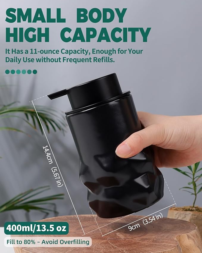 BosilunLife Hand Soap Dispenser - Foam Soap Dispenser Bathroom Ceramic Dish Liquid Soap Dispenser for Kitchen, Bathroom Countertop Soap Dispensers (Black-Foam-Sculpt)