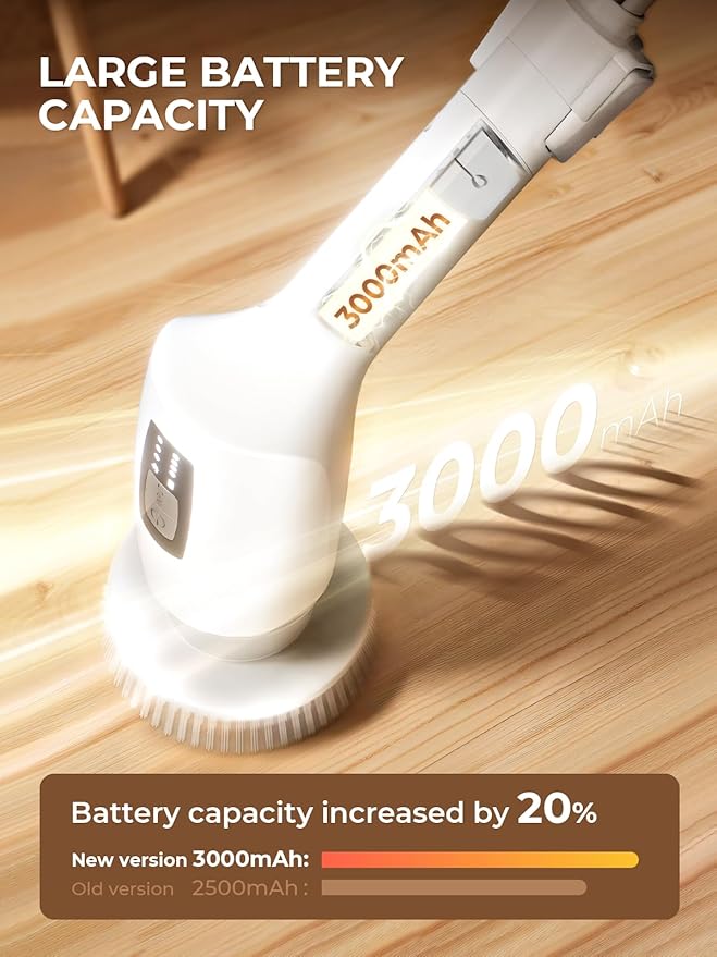 Cleangor Electric Spin Scrubber, Cordless Cleaning Brush Shower Scrubber with 9 Replaceable Brush Heads 3 Speeds Extension Handle for Bathroom, Shower, Bathtub, Floor, Tile, Kitchen, Pool (1, White)