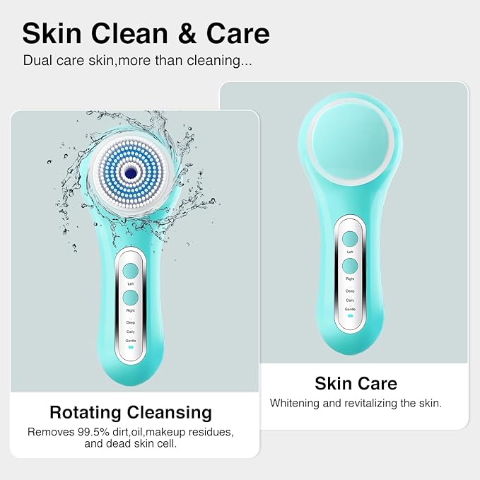 Electric Facial Cleansing Brush, 2-Way Rotating Face Scrubber for Daily & Deep Cleaning, 3 Modes, 5 Brush Heads, Rechargeable, IPX7 Waterproof for All Skin Types