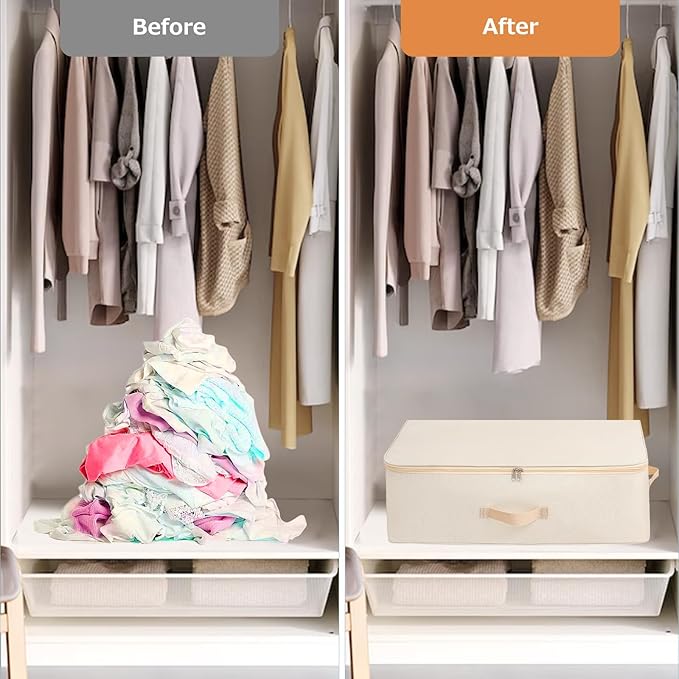 Surblue Clothing Storage Bags Clothes Organizer with Reinforced Handle Foldable Under Bed Storage Bags for Blankets Comforters Quilt Bedding Pillow Toy,3Pcs, Beige