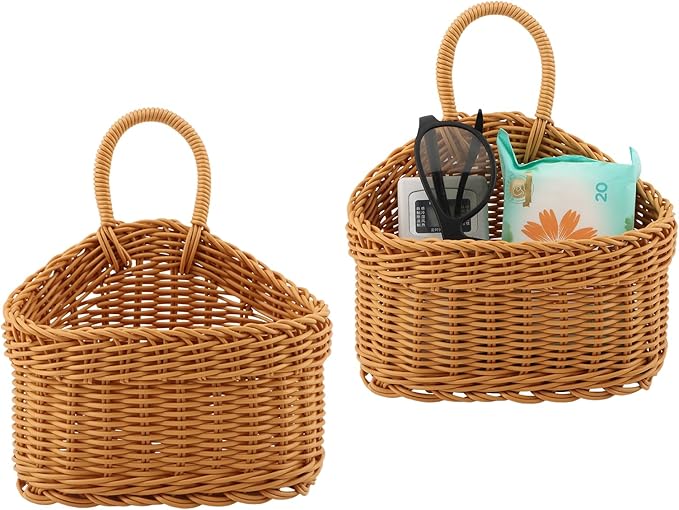 EKDJKK 2 Pcs Plastic Hanging Storage Baskets, Pantry Simulate Wicker Basket, Wall Mount Basket with Hook, Decorative Baskets for Organizing, Small Woven Baskets for Kitchen Bathroom(Brown)