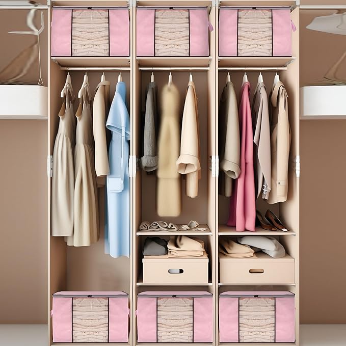 6 Pack 90L Clothes Storage Bags Dorm Storage Containers with Clear Window Handle Organization Bins for Comforter, Pillows, Closet and College Dorm Essentials(Pink)