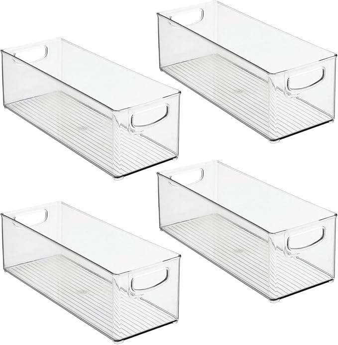 mDesign Plastic Stackable Kitchen Organizer - Storage Bin with Handles for Refrigerator, Freezer, Cabinet, and Pantry Shelves Organization - Food Container - Ligne Collection - 4 Pack - Clear