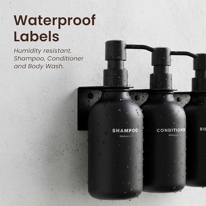 MaisoNovo Shampoo and Conditioner Dispenser - Shower Soap Dispenser Wall Mounted - 16.9 fl oz Set of 3 Black Plastic Bottles Black Plastic Pump - Shampoo Dispenser, Shower Dispenser