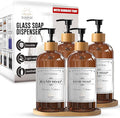 16 OZ Thick Amber Glass Soap Dispenser, Bamboo Pump with Tray 4 Pack, Hand and Dish Soap Dispenser Set for Bathroom with 12 Waterproof Labels