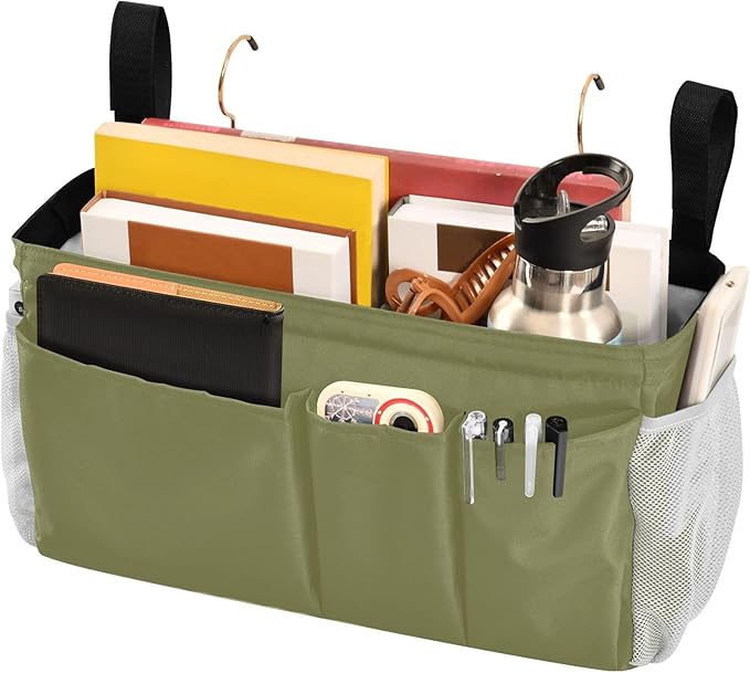 KOPIRIT Olive Color Bedside Caddy Storage Bag Bedside Organizer for Dorm Room Top Bunk Bed Bedside Shelf Hanging Organizer 6 Pockets with Hooks for Glasses Book Tablet Holder