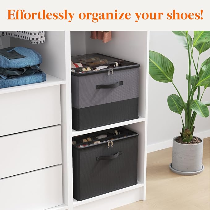 Lifewit Shoe Storage Organizer for Closet, Fabric Large Shoe Box Storage Containers with Clear Cover, Foldable Bins for Boots Heels Sneakers Fits 24-32 Pairs (Each 12-16 Pairs) 2 Pack Black and Gray