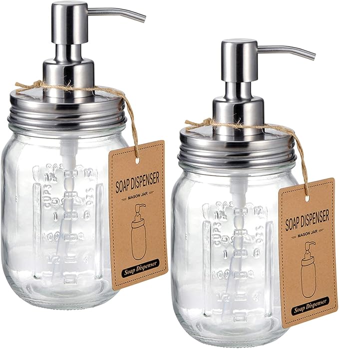 Amolliar Mason Jar Liquid Soap Dispenser, Rustproof Stainless Steel Pump Lid, Refillable Hand Soap for Bathroom, Dish Soap Dispenser for Kitchen, Bath, Waterproof Stickers,16Oz Brushed Nickel(2 Pack)