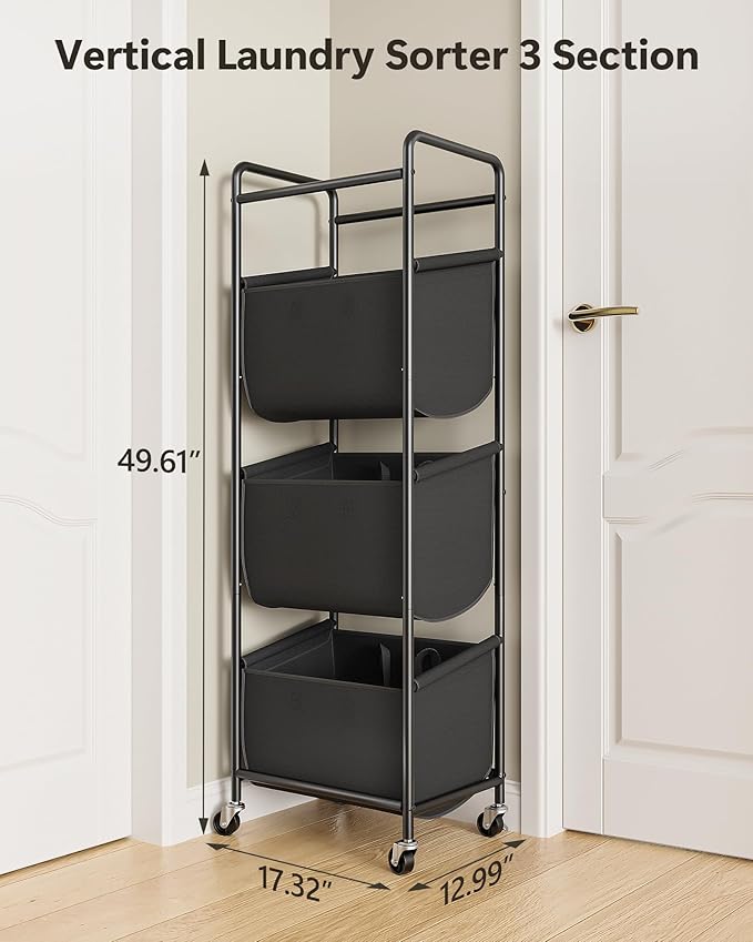 Moforoco Vertical Laundry Sorter 3 Section with Removable Bag, Laundry Hamper with Wheels, 120 L Rolling Laundry Baskets organizer for Bathroom, Apartment, Dorm Room, Black