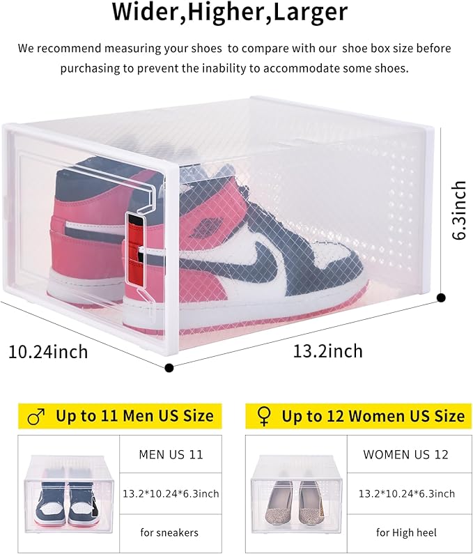 X-Large Plastic Clear Shoe Storage Boxes Stackable 12 Pack Fit Size 11, Shoe Rack & Holder Substitute, Sneaker Containers, Toy Storage Organizer for Entryway, Closet, Under Bed (White)