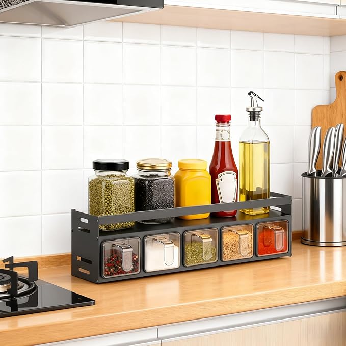 Kitchen Spice Rack, Kitchen Organizer and Storage Rack with 5 Spoons, Spice Organization for Cabinets Punch-free Wall/Countertop Home Decor Multifunctional Double Layer 5 Grid Condiment Rack, Gray