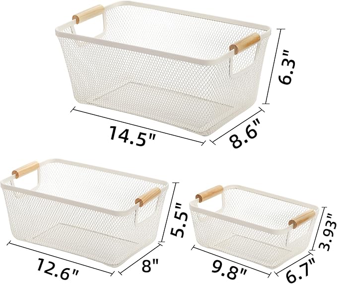 3 Pack Metal Mesh Baskets with Wood Handle, Iron Storage Organizer Basket, Cream White Wire Countertop Baskets for Organizing, Cabinet Pantry Closet Bedroom Kitchen(3 Size)