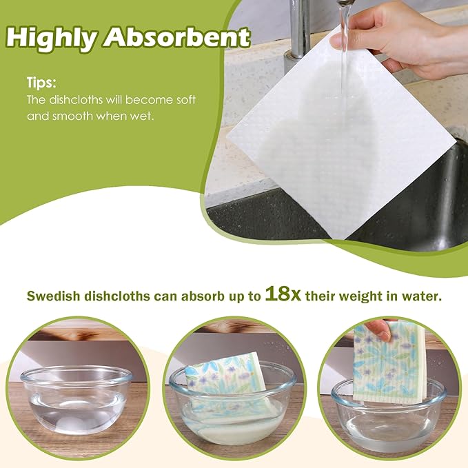6 Packs Swedish Paper Cloths for Kitchen, Reusable Paper Towels Washable Dish Rags, Highly Absorbent Kitchen Towels Quick Drying Swedish Sponge Cleaning Dish Cloths(Orange Pink Blue Floral)