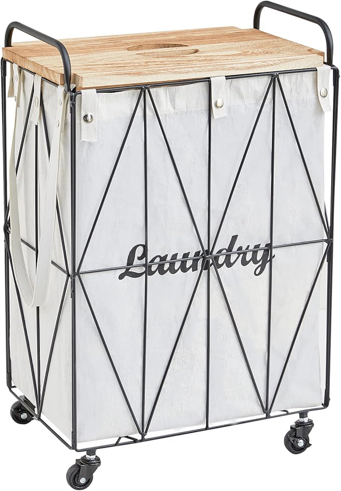 Mxfurhawa Iron Wire Laundry Hamper With Rolling Lockable Wheels, FoldinLaundry Storage Basket with Handles,Detachable Liner Collapsible Dirty Laundry Cart Sorter Clothes Basket Organizer (81-Black)