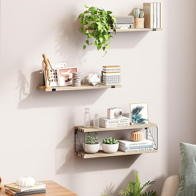 Fixwal 3+1 Tier Bathroom Floating Shelves Over Toilet, 15.8in Farmhouse Rustic Wood Shelves, Wall Decor for Bathroom, Living Room,Bedroom and Kitchen (Rustic Brown)