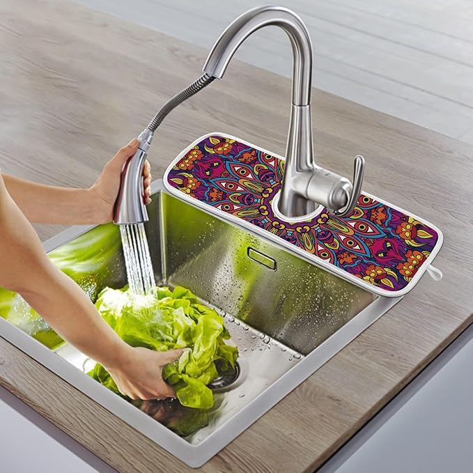 Sink Faucet Absorbing Mat Kitchen Sink Splash Guard Splash Faucet Drip Catcher for Bar RV Bathroom 2PCS 30x5.5in Mandala Pattern Purple and Orange