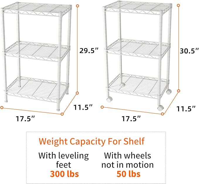 SINGAYE 3 Small Shelves Storage Shelf Wire Shelving Unit Metal Shelf Adjustable Organizers Storage Shelving with Wheels for Bathroom Laundry Room Kitchen Pantry11.5”D x 17.5”W x 30.5”H White