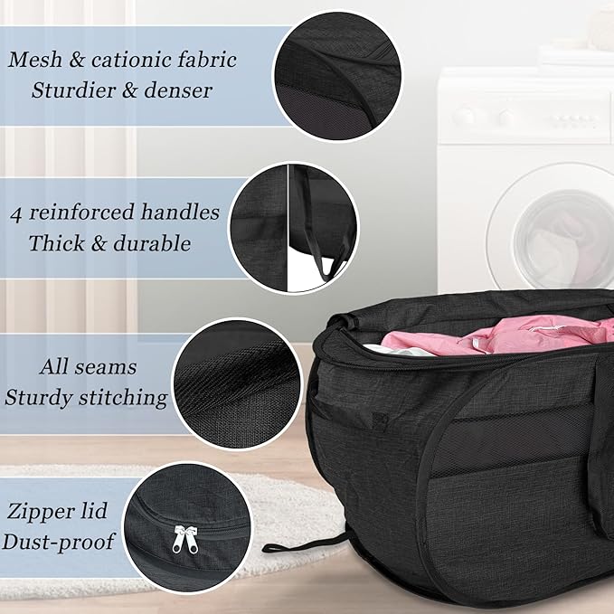 Upgraded 100L Extra Large Mesh Pop Up Laundry Hamper with Lid and Handles. XL Closet Storage Bins, Dirty Clothes Basket for Dorm Home, Foldable Laundry Basket. Black. H