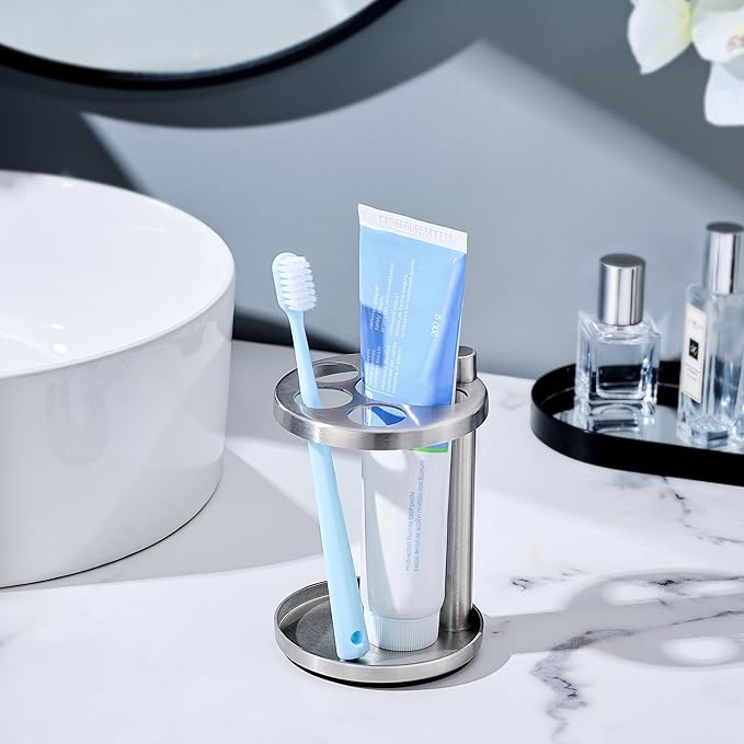 Toothbrush & Toothpaste Holder for Bathroom Countertop, Metal Electric Toothbrush Stand with Razor Slot, Ideal Design Caddy for Kids & Family, Brushed Silver