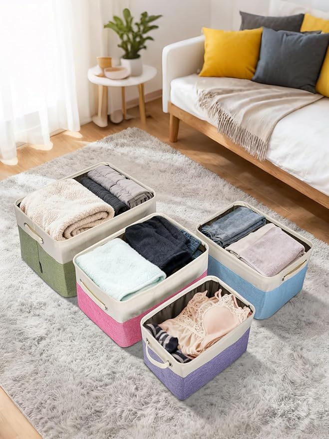 BALEINE 4 Pack Fabric Storage Bins for Shelves, Linen Storage Baskets for Organizing, Decorative Closet Bins for Clothes, Home (Black, 12"x8"x8")