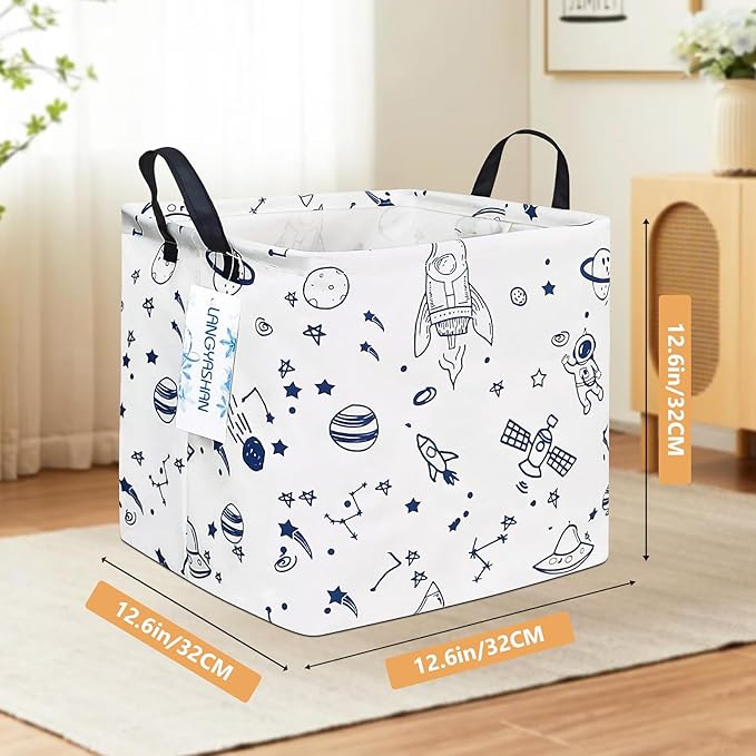 LANGYASHAN Square Storage Baskets Waterproof Canvas Children Laundry Nursery Hamper for Shelves Gift Baskets Toy Organizer Room Decor (Square spaceship)