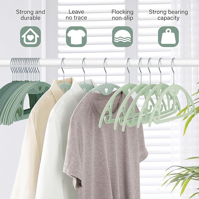 IEOKE Velvet Hangers 50 Pack: Felt Clothes Hangers Heavy Duty Shirt Sweater Hangers No Shoulder Bump Non Slip Slim Thin Coat Hangers for Closet - Green Multi